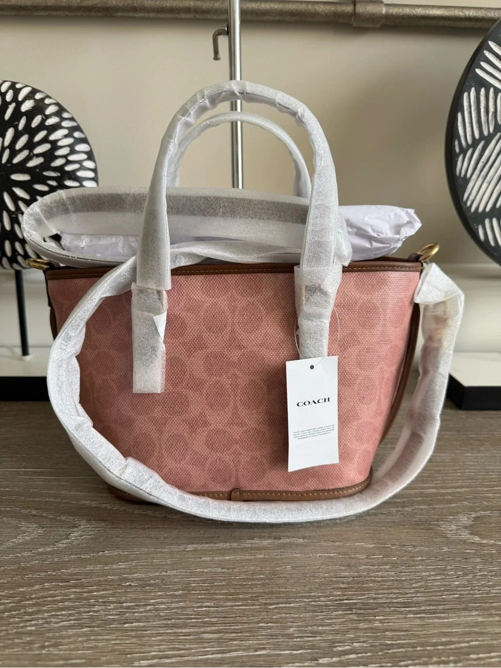 NWT Coach Taxi Pink Signature Canvas Tote with Brown Leather Accents
